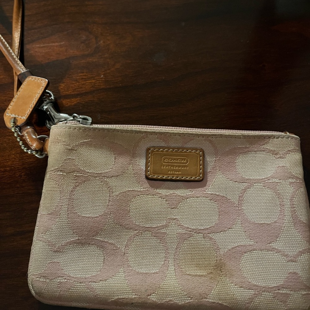 Coach Signature Wristlet in Beige/ Pink